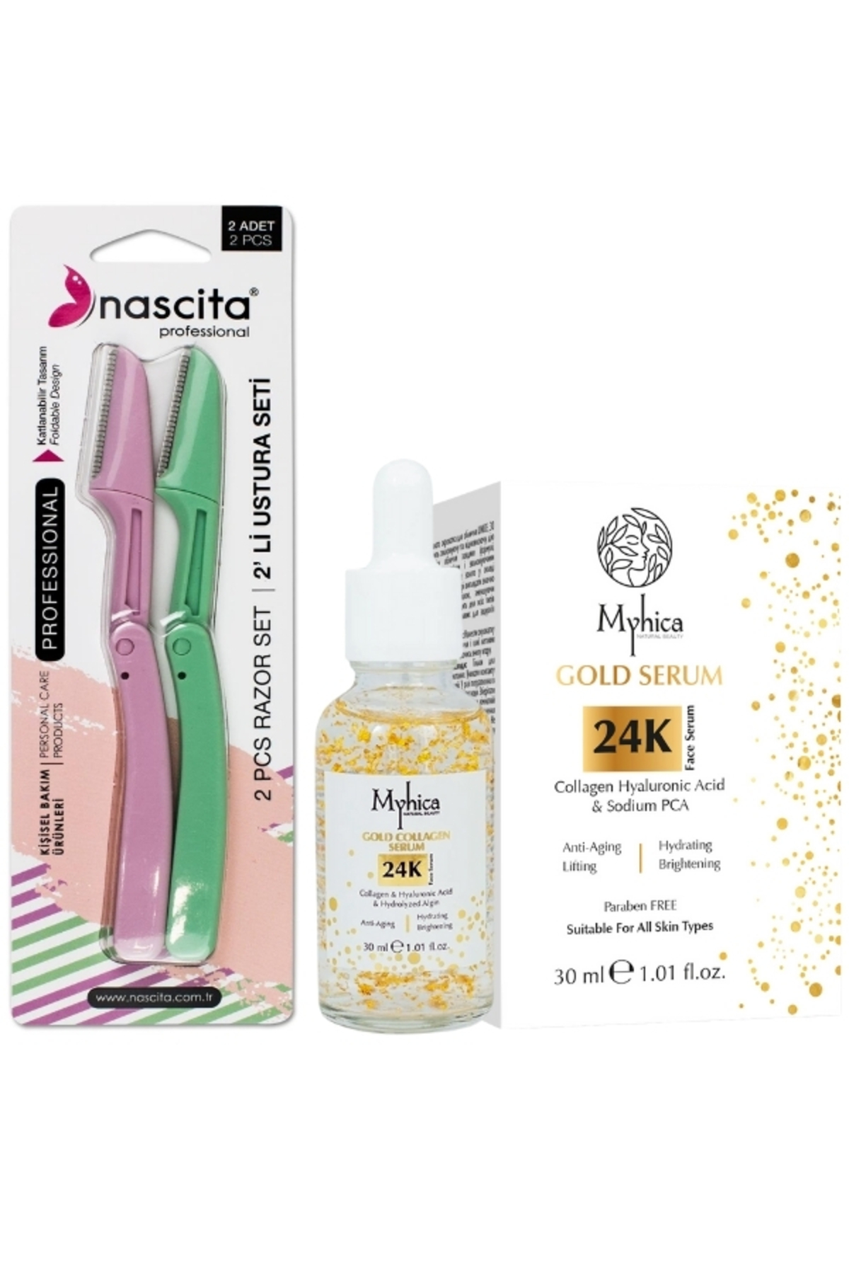 Açılır/kapanır Yüz Ustura Seti2'li-SET16 + 24k AltınParçacıklı Kırışıklık Karşıtı Kolajen Serum30Ml