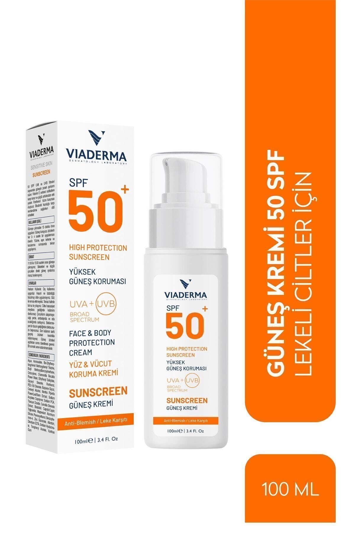 Leke Karşıtı SPF 50 Suya Dayanıklı Yüz ve Vücut Güneş Kremi 100 ml Parfümsüz Tüm Cilt