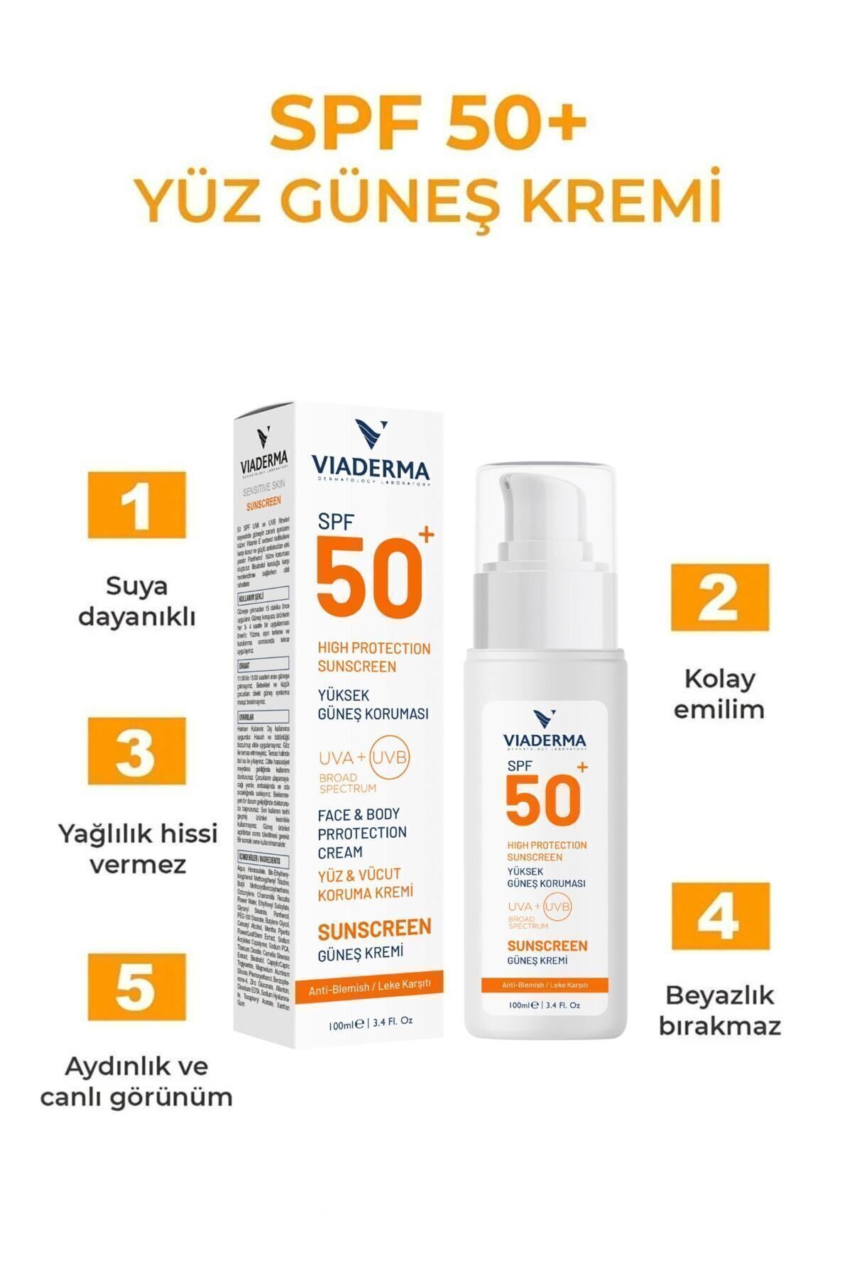Leke Karşıtı SPF 50 Suya Dayanıklı Yüz ve Vücut Güneş Kremi 100 ml Parfümsüz Tüm Cilt