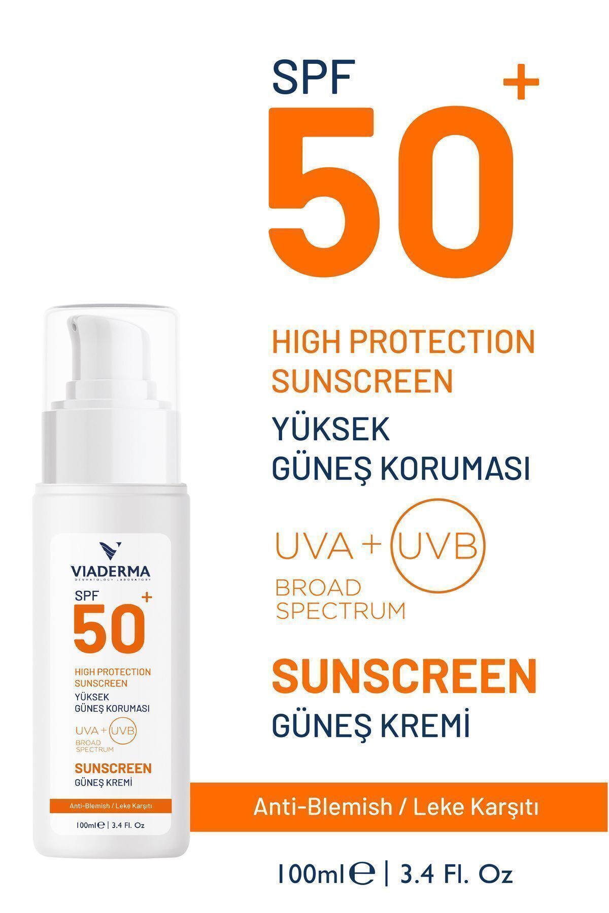 Leke Karşıtı SPF 50 Suya Dayanıklı Yüz ve Vücut Güneş Kremi 100 ml Parfümsüz Tüm Cilt