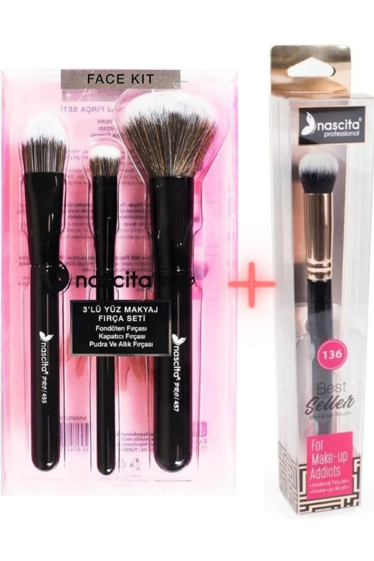3'lü Siyah Makyaj Fırça seti NASBRUSHSET 101 + Oval Yapılı Kapatıcı Fırçası NASBRUSH 136