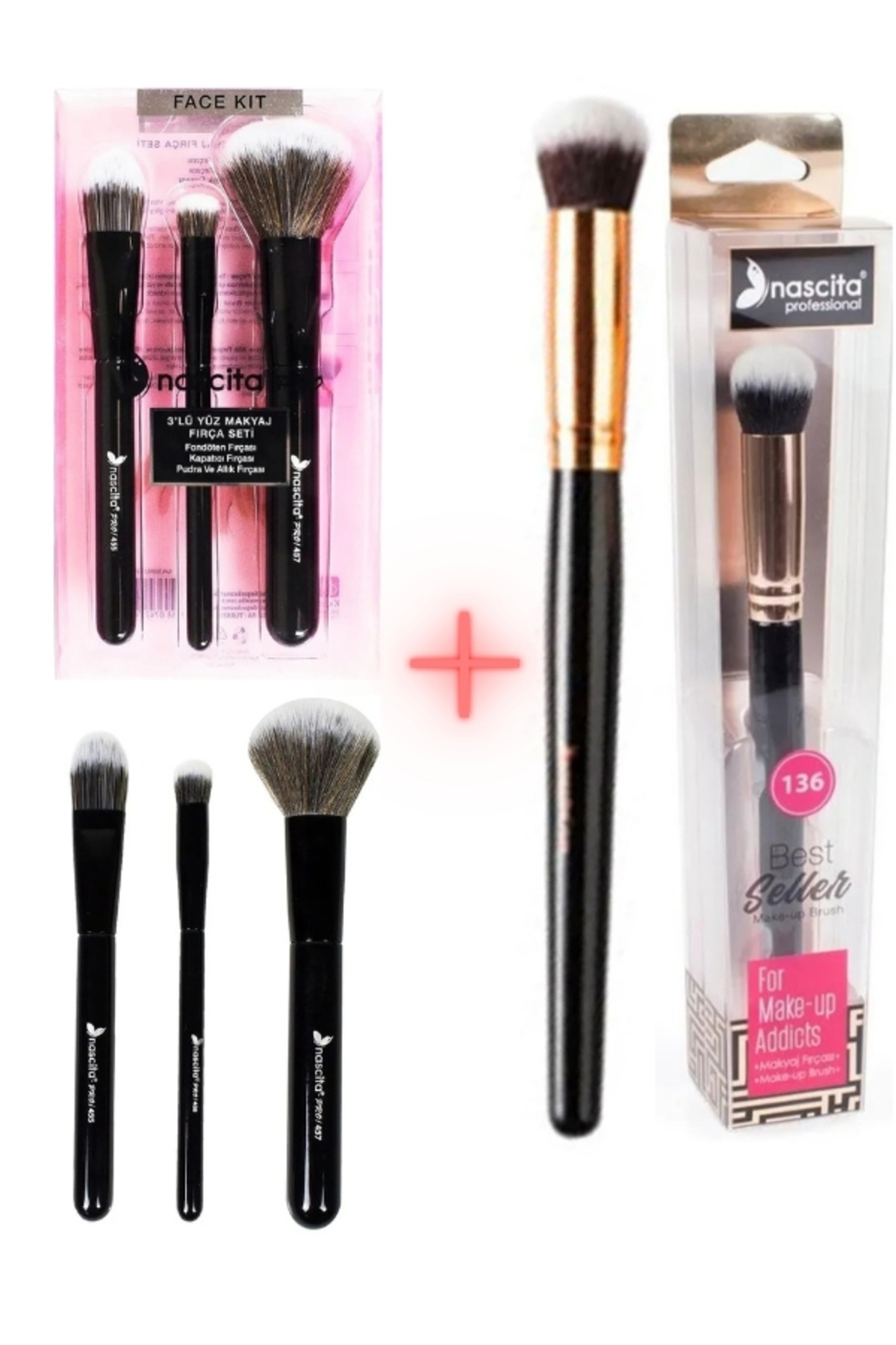 3'lü Siyah Makyaj Fırça seti NASBRUSHSET 101 + Oval Yapılı Kapatıcı Fırçası NASBRUSH 136