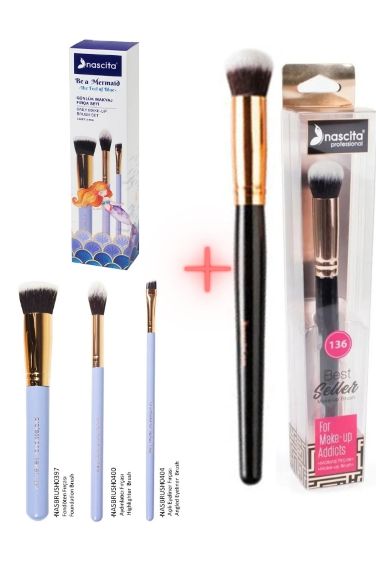 3' Lü Günlük Makyaj Fırça Seti NASBRUSHSET91R + Oval Yapılı Kapatıcı Fırçası NASBRUSH 136