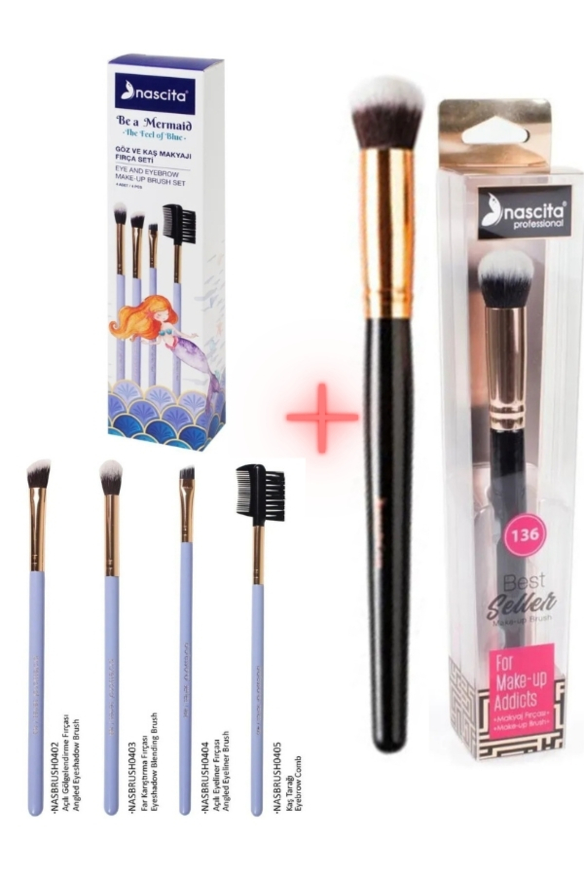 4' Lü Göz Ve Kaş Makyajı Fırça Seti NASBRUSHSET92R + Oval Yapılı Kapatıcı Fırçası NASBRUSH 136