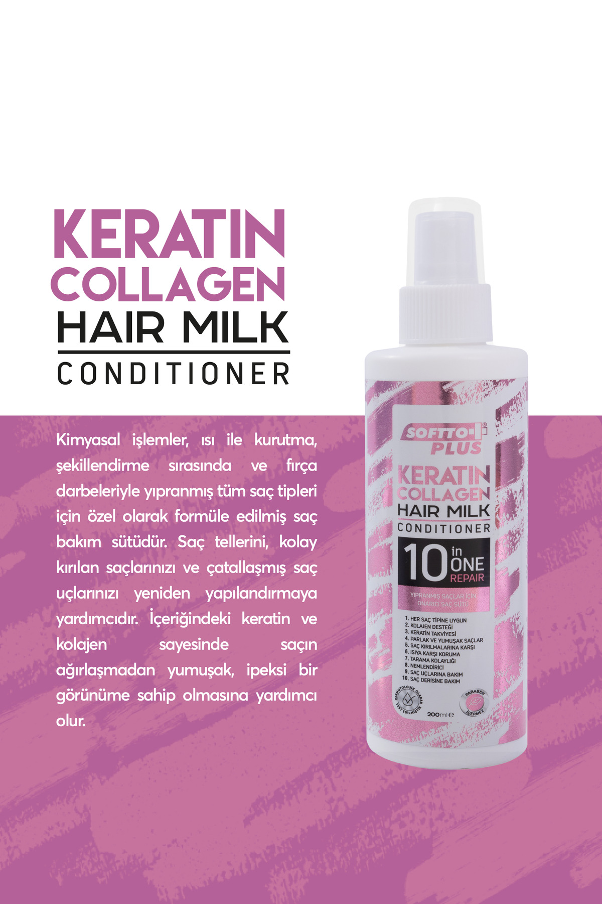 Kimyasal Işlem Görmüş Ve Aşırı Yıpranmış Saçlara Özel Keratin & Collagen Saç Bakım Sütü 200ml
