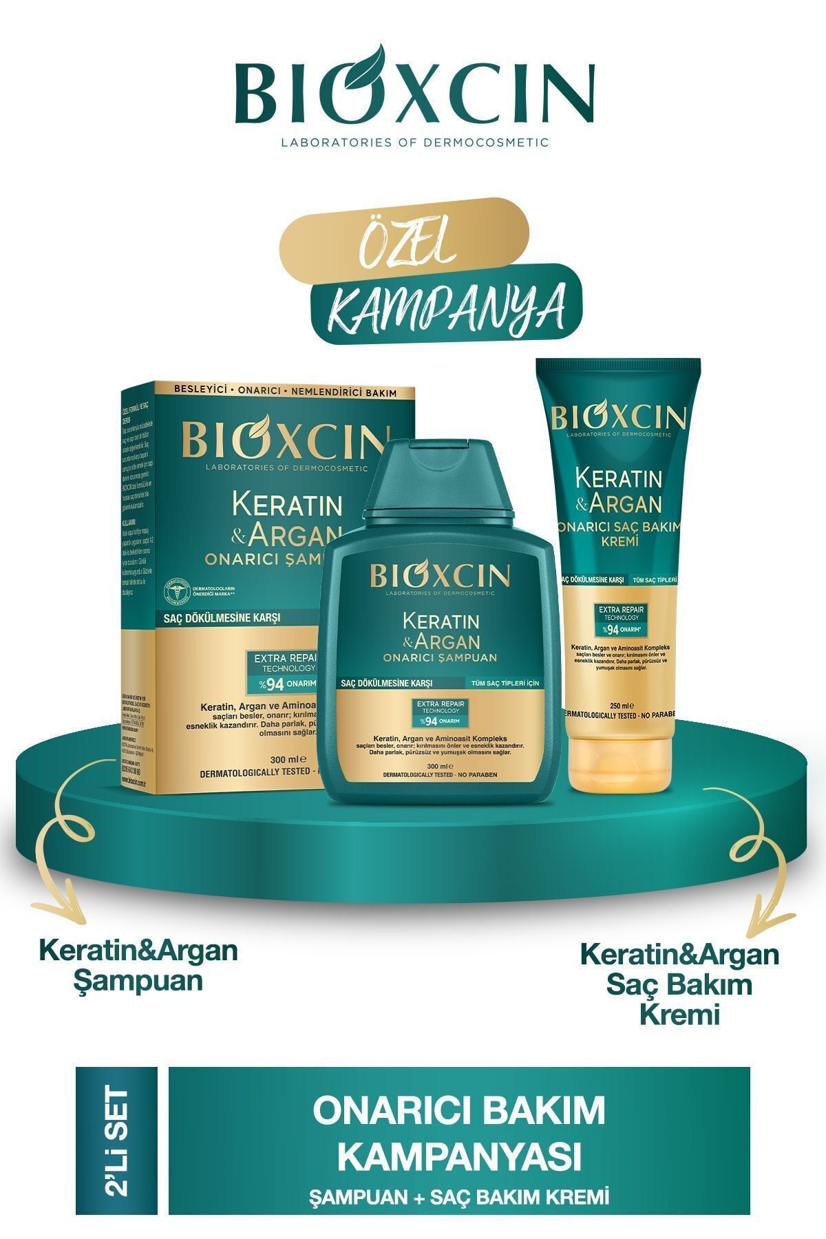 Keratin Argan Şampuan + Saç Bakım Kremi Seti (Onarıcı, Parabensiz, Keratin İçerikli)